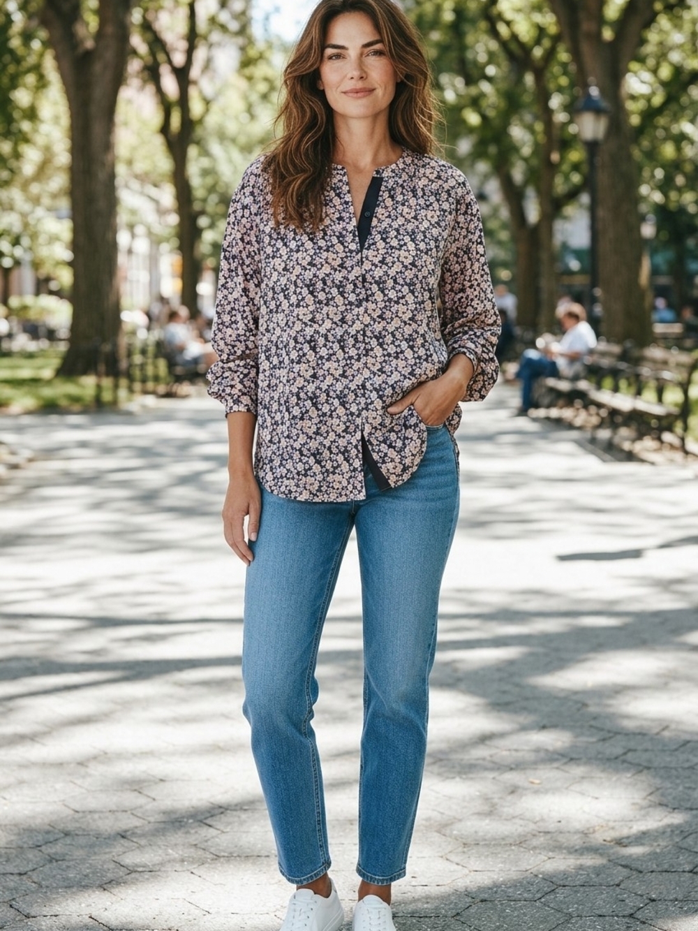 Floral V-Neck Long-Sleeve Blouse - Pink/Black - Picture 2 of 2